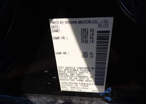 2022 Nissan Altima Sv Fwd from USA, damaged, VIN 1N4BL4DV1NN388403